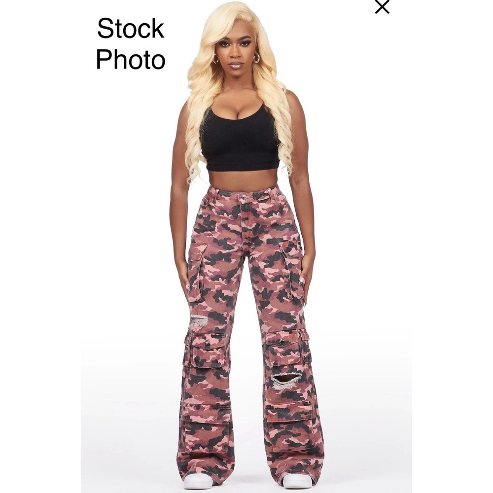 Rockstar Original Pink Camo Jahmani Wide Leg Cargo Jeans Women XL NWT Streetwear